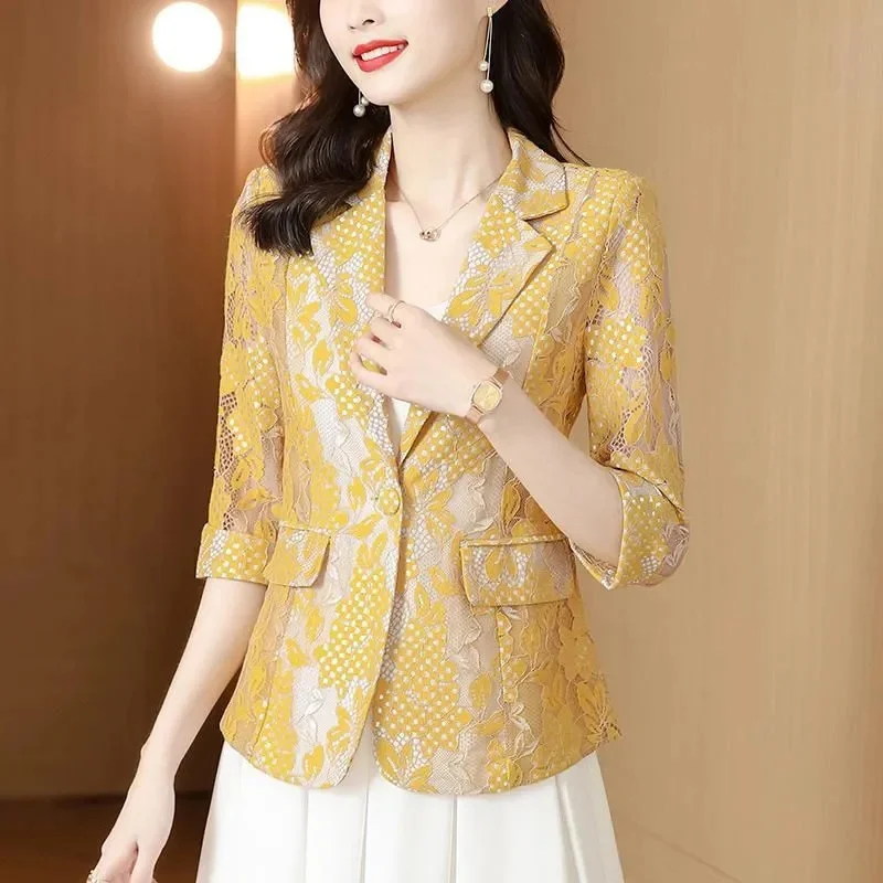 2024 Female Summer Thin Style Fried Street Print Lace Suit Jacket Women Korean Style Slim Three-Quarter Sleeve Blazer