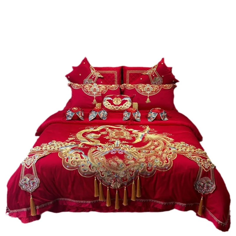 160 Thread Count Long Staple Cotton Jacquard Four Piece Set with All Cotton Red Embroidery Wedding Four Piece Set