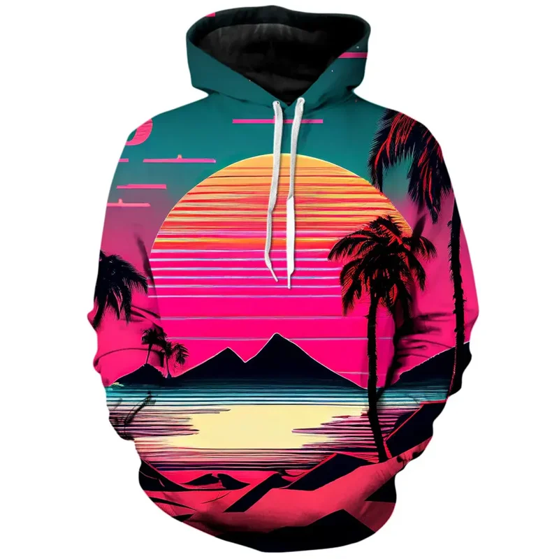 Fashion Sunset 3D Printed Hoodie For Men Colorful Sun Graphic Sweatshirt Street Retro Loose Long Sleeve Tops Y2k Pullovers