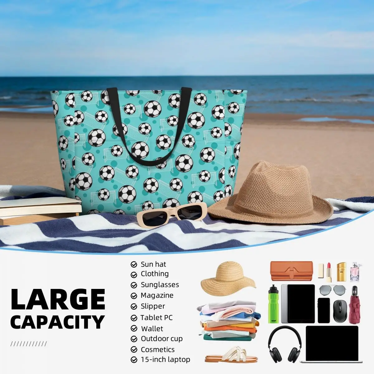 Soccer Ball And Goal Teal Pattern - Teal Soccer Beach Tote Bag Sport Gym Yoga Duffle Large Tote Bag Women Travel Bag Fitness bag