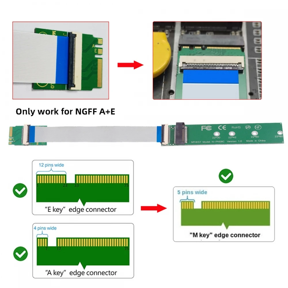 MVME M.2 extension cable NVME M-key Female to 2230 NGFF A+E-Key Male for Laptop Mainboard SSD 2280
