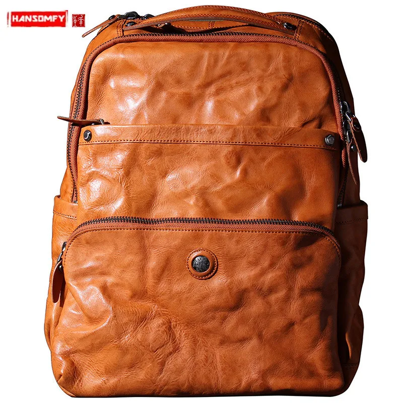 

Men Backpack Travel Backpack Men Laptop Bag Schoolbag Large Capacity Cowhide Leather Retro New Italian Vegetable Tanned Leather