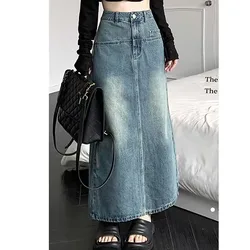 Hong Kong Style Retro Split Denim Skirt High Waist Straight Casual Dress Women 2024 Summer New A-line Commuter Mid-length Skirt