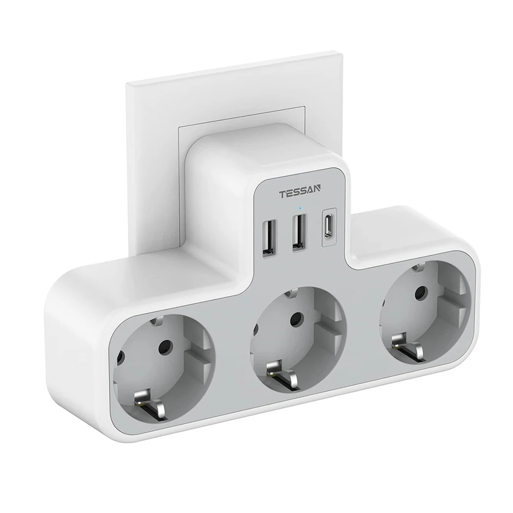 Adapter USB TESSAN 6-w-1 z 3 gniazdami AC i 3 portami USB A, 3600W, 3-kierunkowa listwa zasilająca do domu i biura — 2