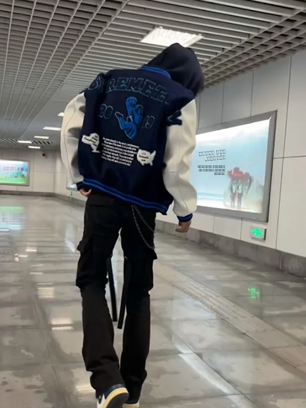 

Новая американская уличная бейсбольная куртка с плотной вышивкой, мужская, в стиле VIBE, модная, свободного кроя, для пар, верхняя одежда из ПУ материала