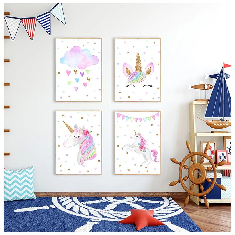 Baby Unicorn Nursery - Rainbow Unicorn Wall Art พิมพ์เด็กทารกโปสเตอร์น่ารักภาพวาดผ้าใบ Nordic