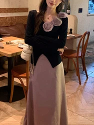 Winter French Elegant Retro New 2 Piece Set Women Rose Design Tops + Solid Long Skirt Female Slim Korean Fashion Sweet Suit 2024