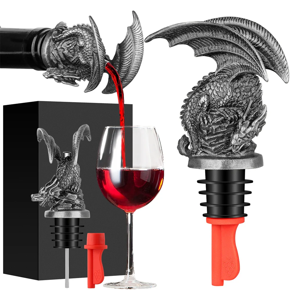 Steampunk Cool Dragon Decor 2-in-1 Wine Pourer Stopper with Red Silicone Stoppers Kitchen Party Bar Drinks Fresh-Keeping Plug