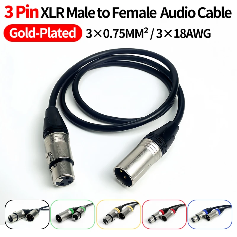 

1M/2M/3M/5M/10M Gold-Plated 3-Pin XLR Audio Cable - Male-Female, 3X0.75mm² (3X18AWG) Flexible