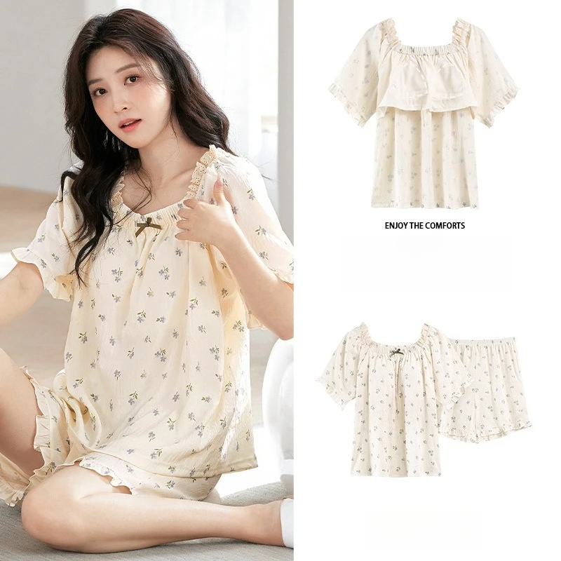 

Pajama Sets Women's Summer Short-sleeved Pullover Korean Cute Thin Floral Home Clothing 2-piece Set Pajamas for Girls Suit Gifts