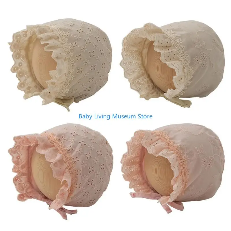 

P31C Princess Girls Adjustable Hat Stylish Lace Embroidery Baby Bonnet Hats with Chin Strap Designing for Newborn Infant