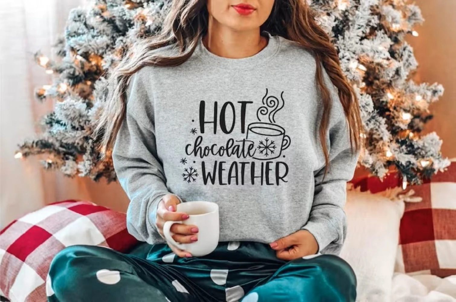 

Christmas Hot Chocolate Weather Snowy Season Pullover Shirt Fashion Party Outfit Funny Womens Crewneck Sweatshirt Winter