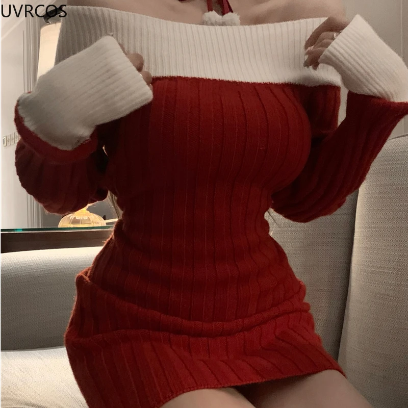 Sexy Red Christmas Dress Women Autumn Winter Korean Style Slash Neck Bodycon Knitted Dresses Female Elegant Y2k Party Mini Dress