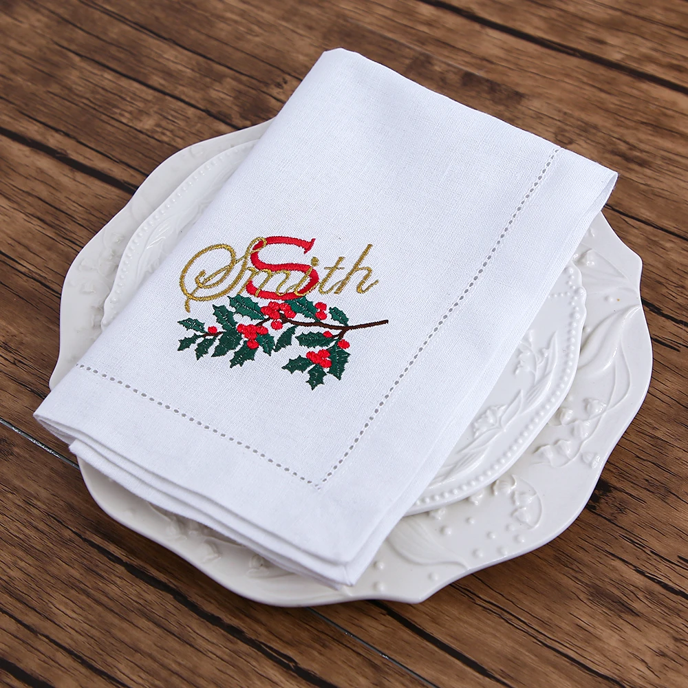 Boże Narodzenie Monogram i nazwa Familiy haftowana serwetka, podkładka, Hemstitch, bawełna + len, dekoracja stołu
