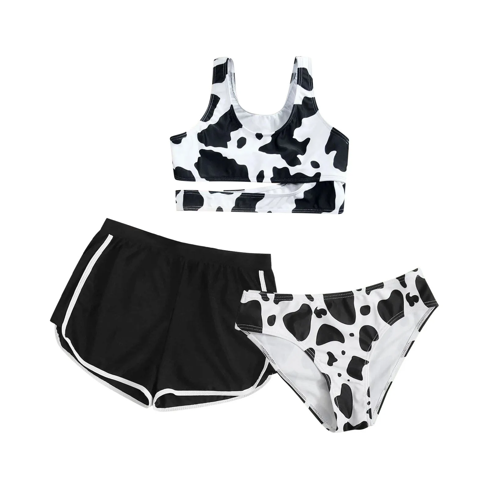 Girls' Summer Swimwear Three-Piece Swimsuit Cute Cow Printing Beachwear Swimming Bathing Suit Summer Brazilian Biquini 2025