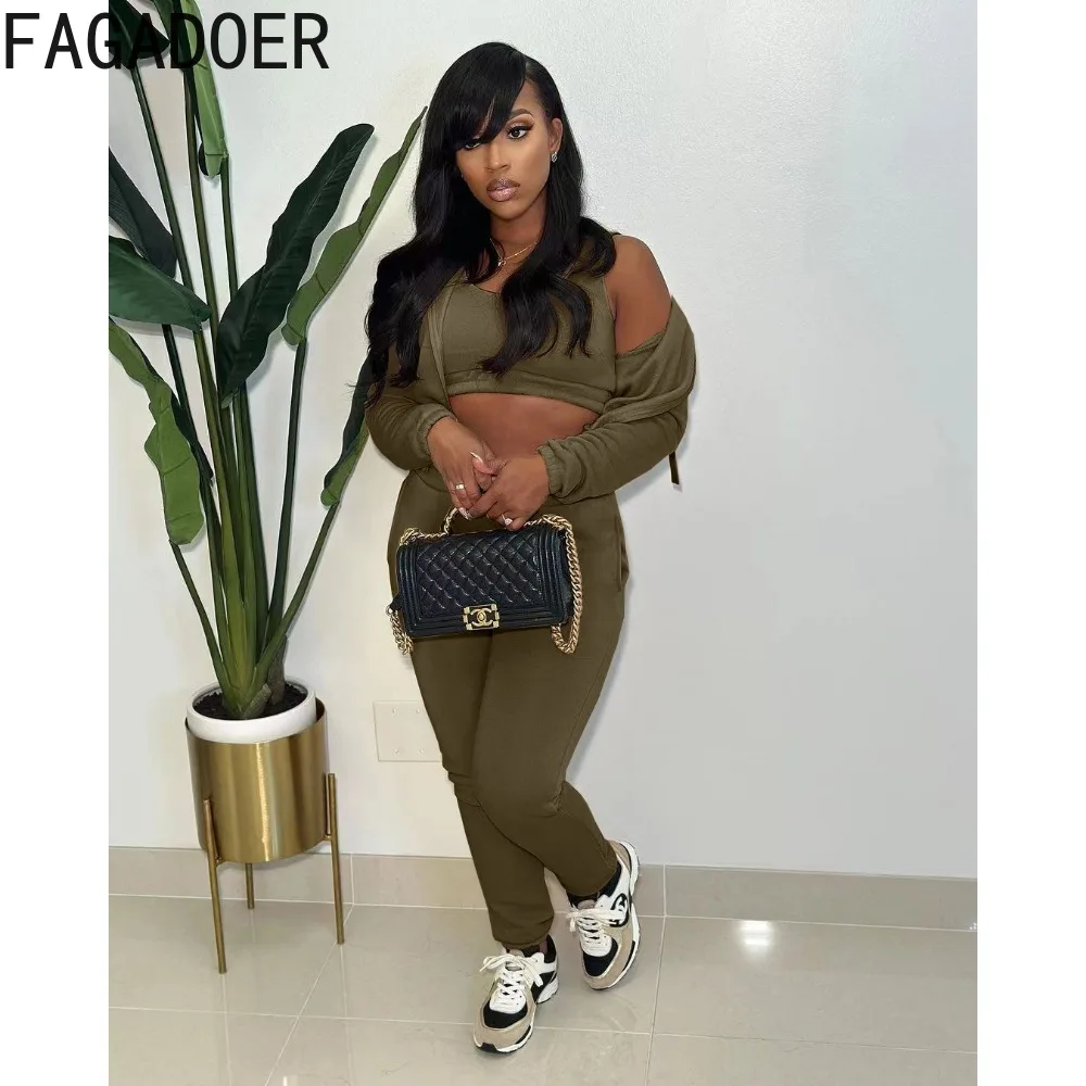 FAGADOER Autumn Winter Hooded Tracksuits Women Crop Vest + Long Sleeve Coat + Jogger Pants 3 Piece Sets Casual Sporty Outfits