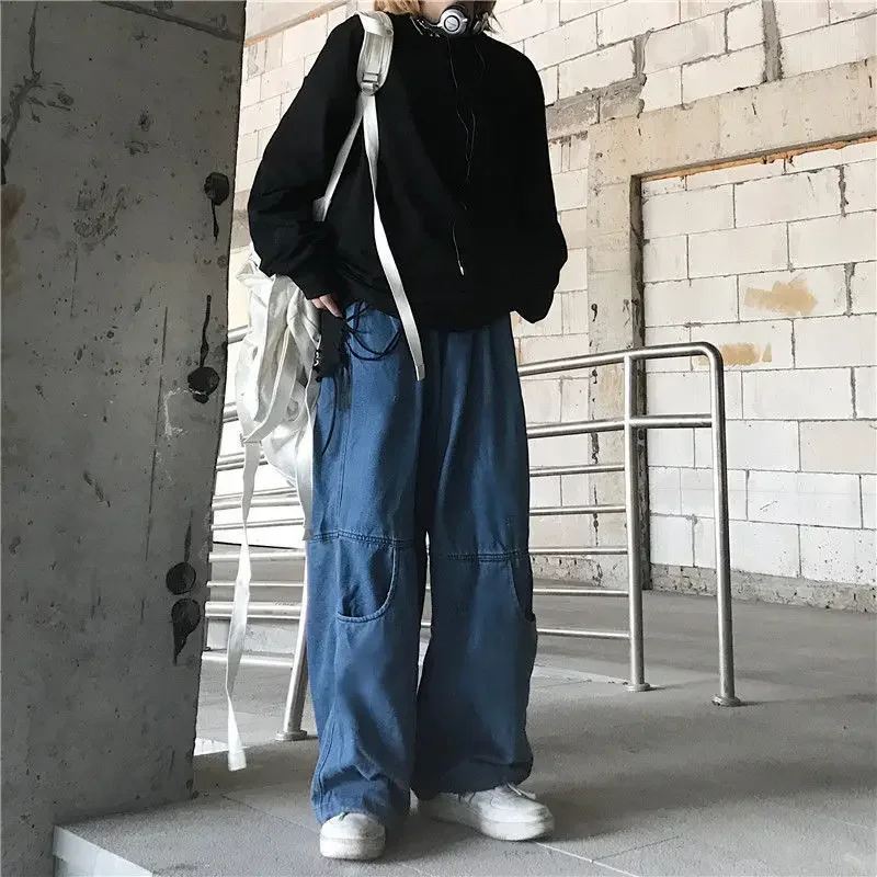 2022 Fashion Individuality Japanese-style Jeans Female Loose Stripe Denim Pants Blue Men and Women Hip Hop Streetwear Trousers