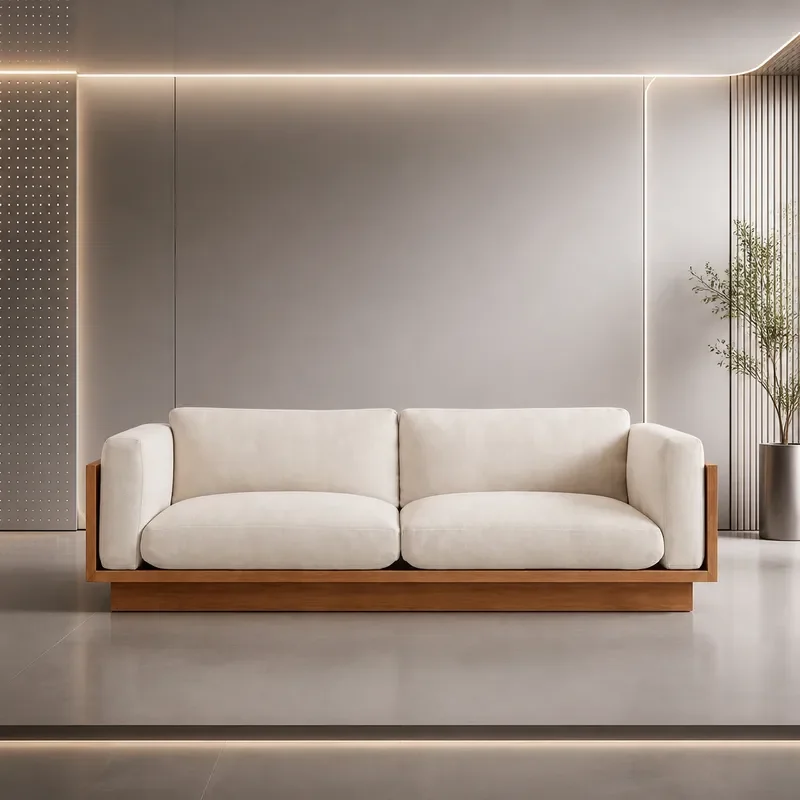 Nordic Wabi Sabi Solid Wood Sofa Removable Washable Fabric Straight Row Couch for Small Apartment Floor to Ceiling Log Style
