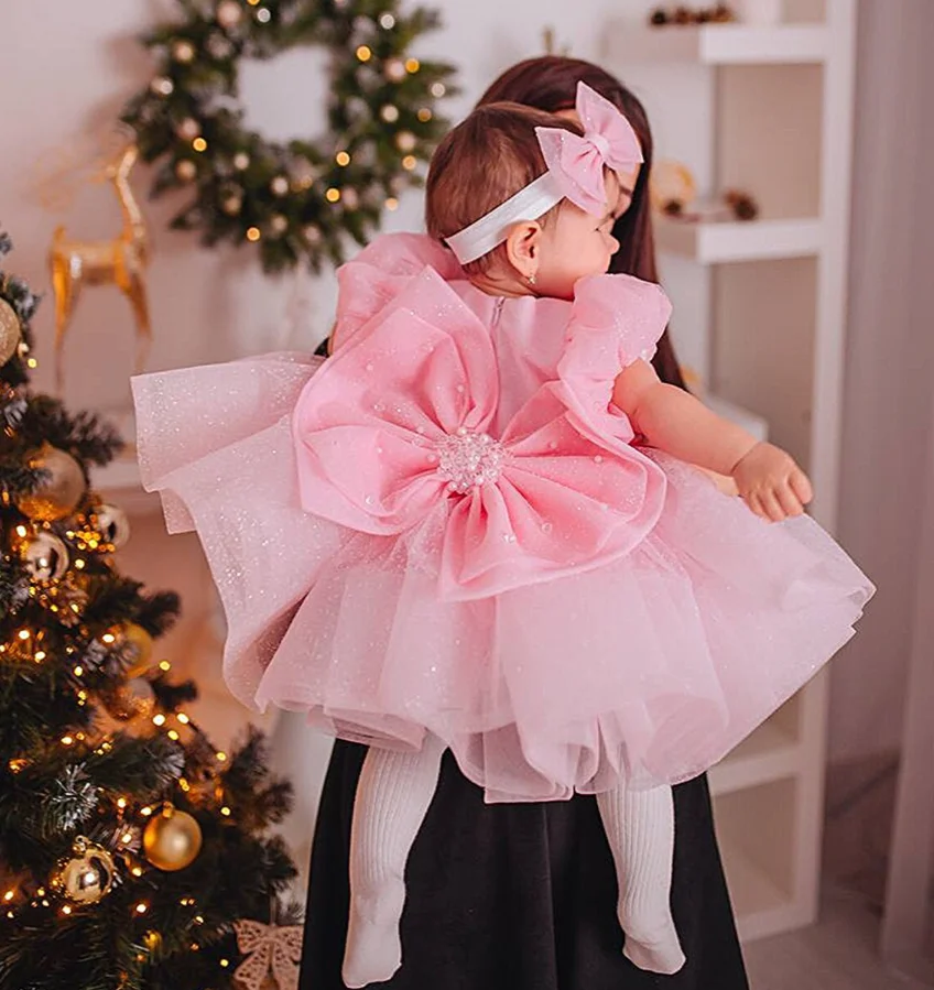 

New Tailored Girls Dress Puffy Pink Kids Bow Christening Princess 1st Brithday Vestidos Toddler Children Tutu Baby Girl Clothes