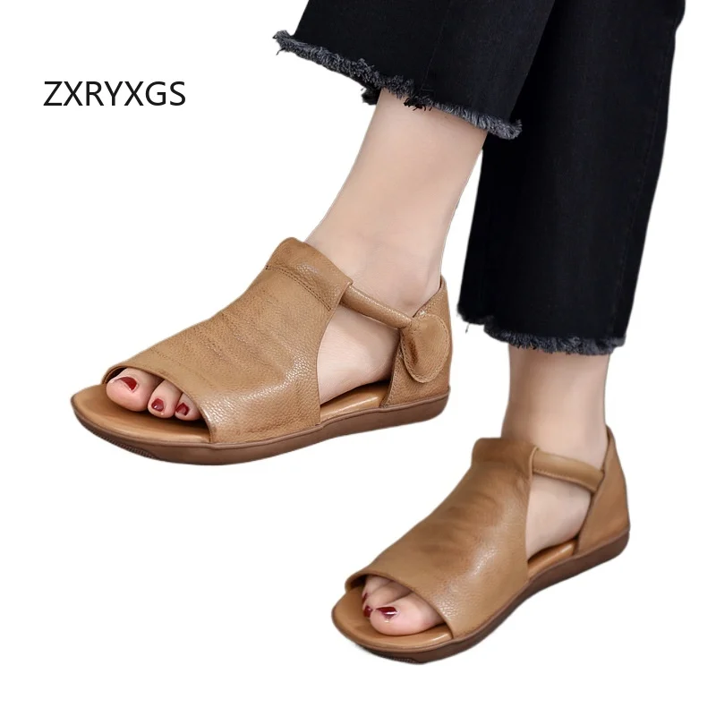 

ZXRYXGS Top Cowhide Open Toe Sandals 2026 Summer Summer Real Leather Hollow Women's Sandals Flat Soft Sole Low Top Roman Shoes