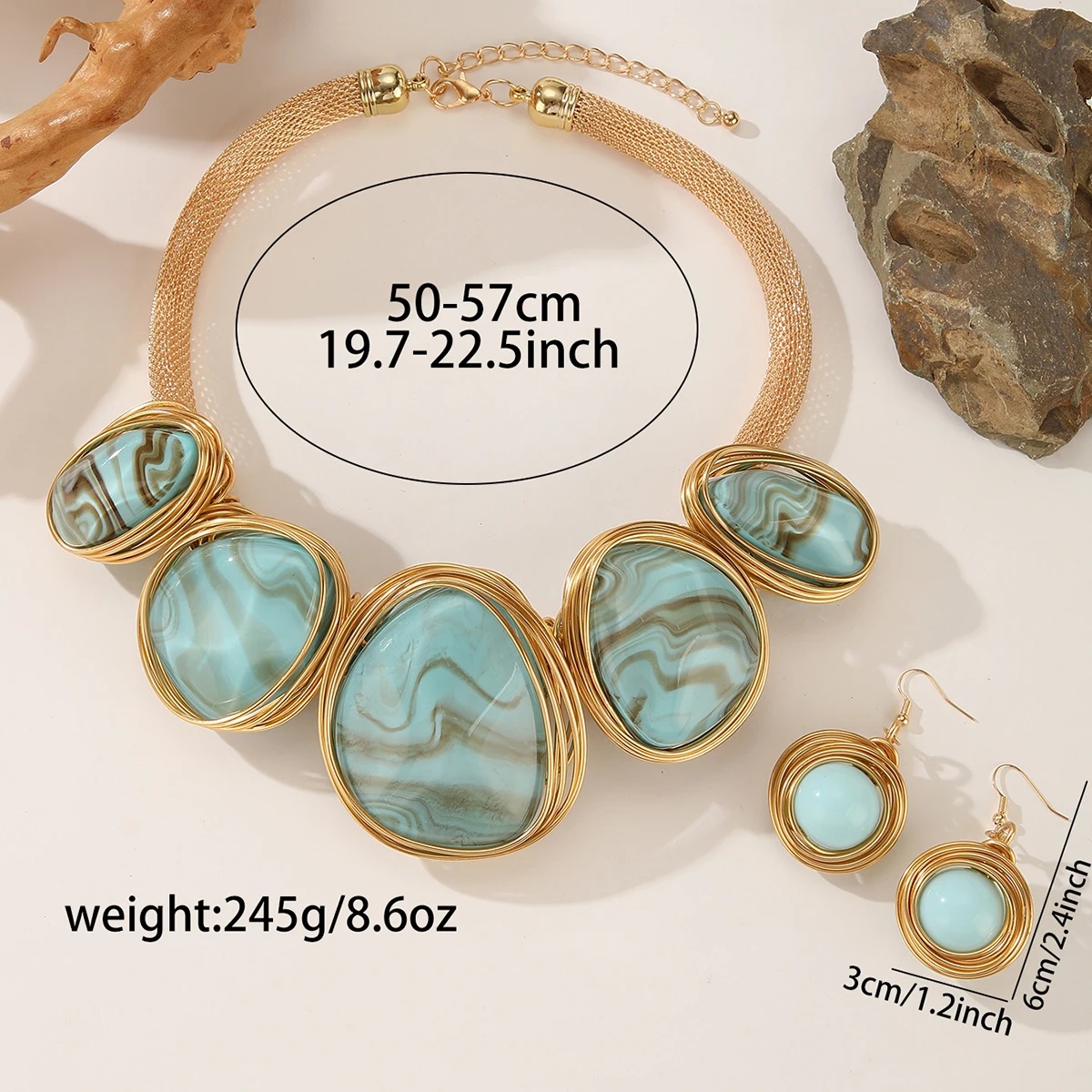 Trendiges, unregelmäßiges, geometrisches Harz-Edelstein-Schmuckset aus Aluminiumdraht, handgefertigt, Statement-Halskette, Ohrringe, Schmuckset für Damen, Party-Accessoires – Detail 1