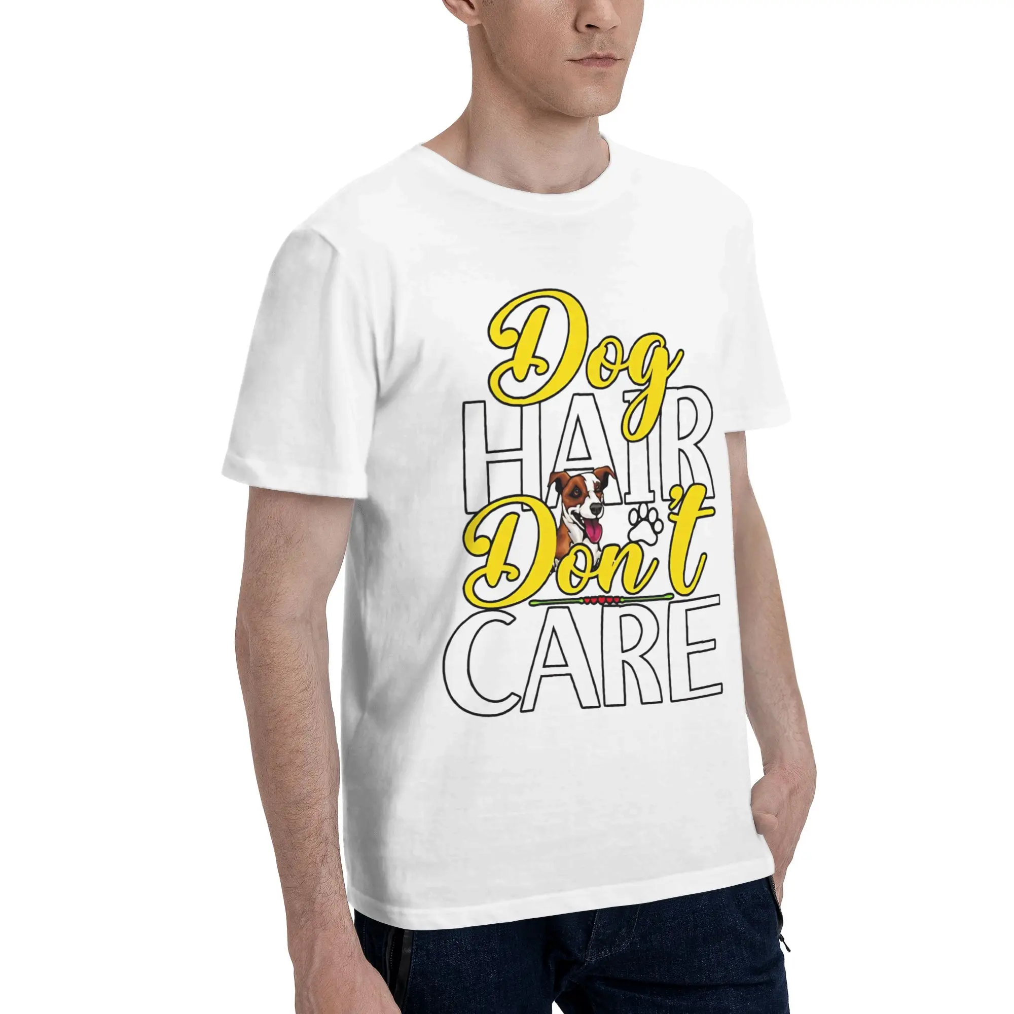 Care Essential Men T Shirts Messy hair don’t care dog Humor Tee Shirt Short Sleeve Round Collar Original Clothing T-Shirt