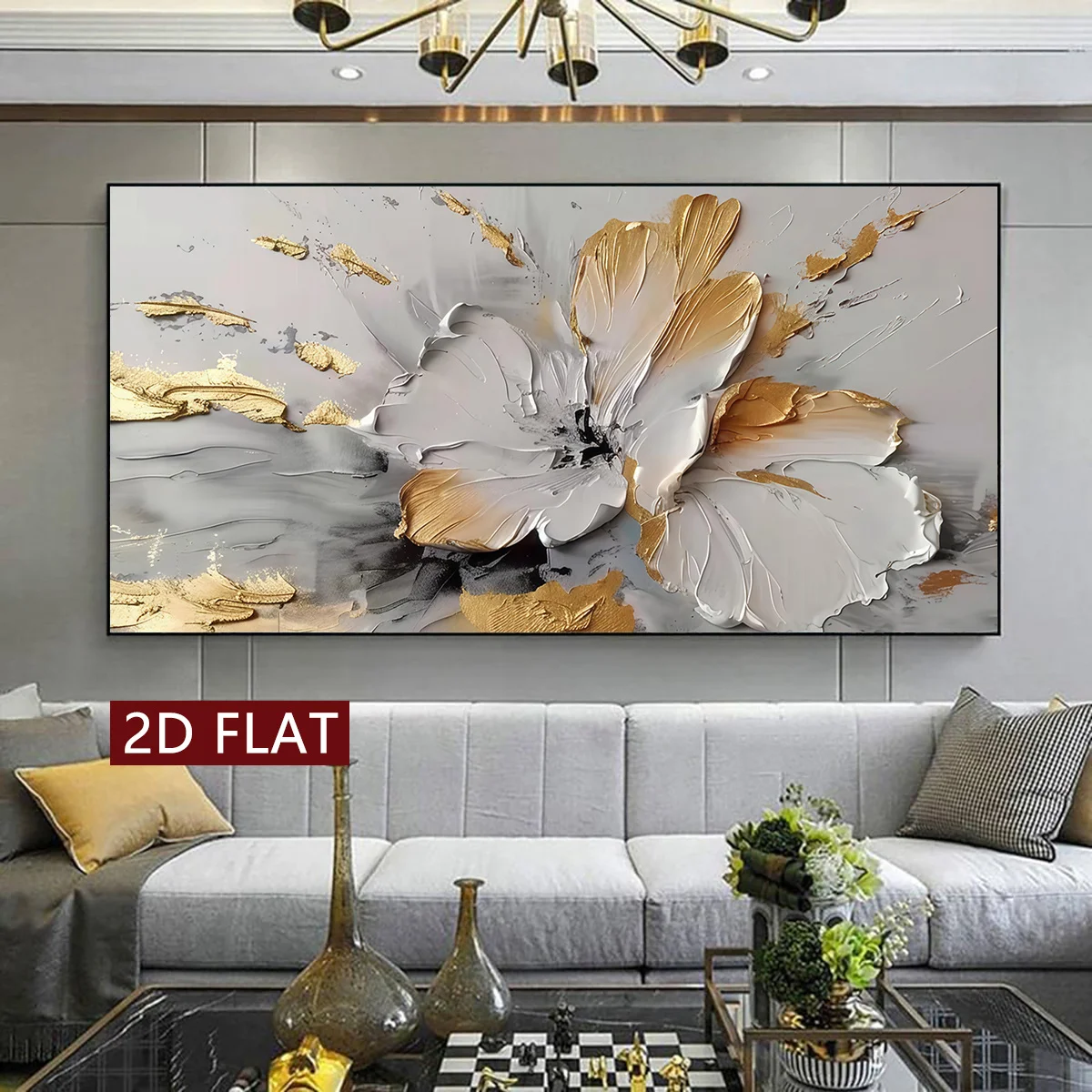 1pc Modern Abstract Golden and White Flower Painting Canvas Print Botanical Wall Art for Living Room Bedroom Home Decor 2D Flat
