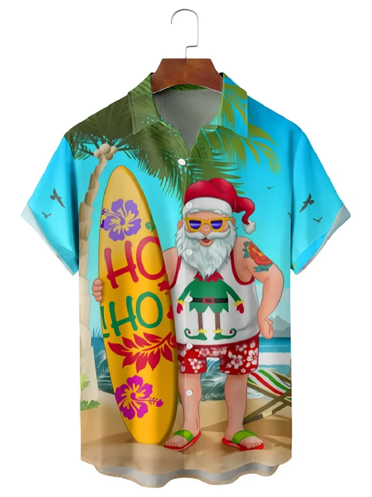 Christmas Graphic Santa Claus Men's Shirts Hawaiian Harajuku Tops Short Print Tee Lapel Fashion Holiday Oversized Clothes