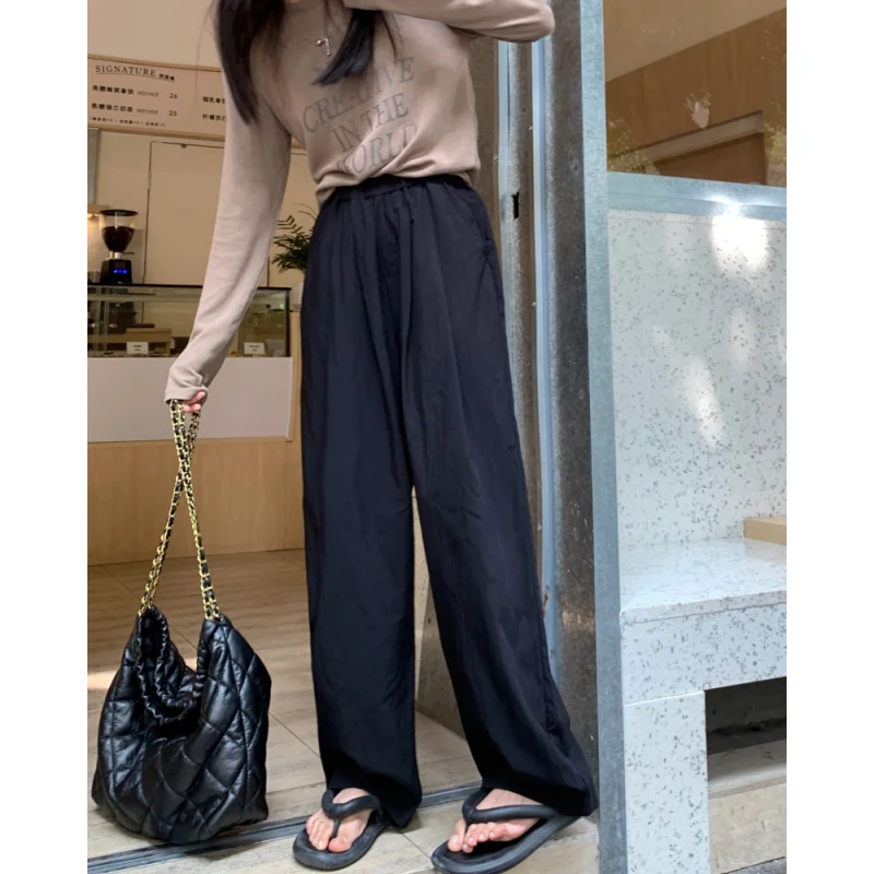 للمرأة قيعان أسود الرباط Sweatpants عادية عالية الخصر مستقيم التطهير السراويل موضة فضفاض واسع الساق بنطلون السيدات Autum #3