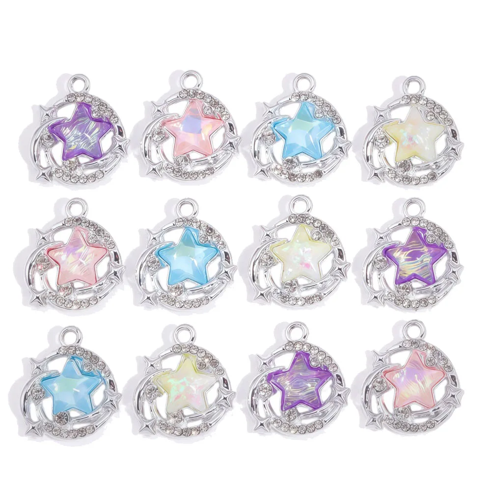 10Pcs Mixed Star Charms Silver Plated Metal Pendants with Sparkling Rhinestones for Women's DIY Earring Jewelry Making Supplies