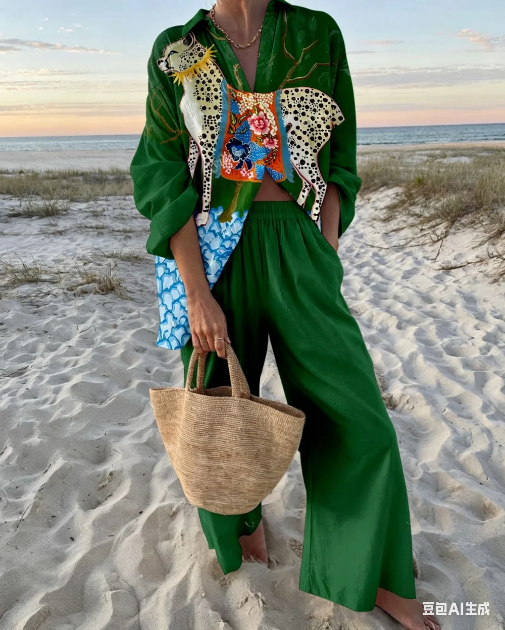 

Fashion Leopard Print Beach Holiday 2-Piece Set Women Spring Summer Long Sleeve Shirt Top + Wide Legs Women's Two-Piece Outfit
