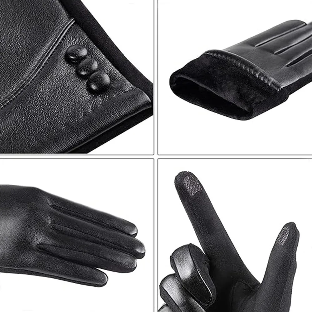 Simple Solid Color Full Finger Mittens PU Button Women Leather Gloves Thickened Keep Warm Touch Screen Gloves Winter