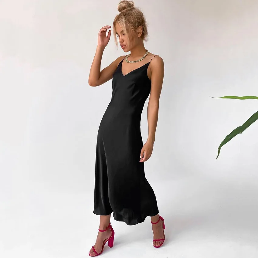 APIPEE 2024 Summer Women Satin Slip Dress Spaghetti Strap Vintage Green Black Silk Sexy Long Party Dresses