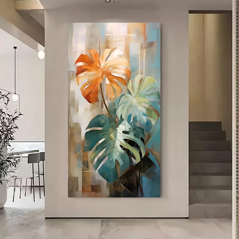 

1pc Vibrant Monstera Leaf Canvas Art Print, Frameless Modern Abstract Wall Decor,Chic Nordic Minimalist Style, Texture, Poster