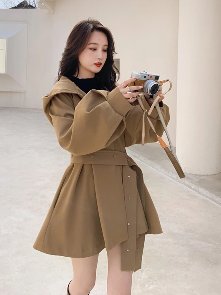 LANMREM Elegant Khaki Trench For Women Hooded Puff Sleeves Solid Color Lace-up Gathered Waist Coat 2024 Autumn New 2Z2519