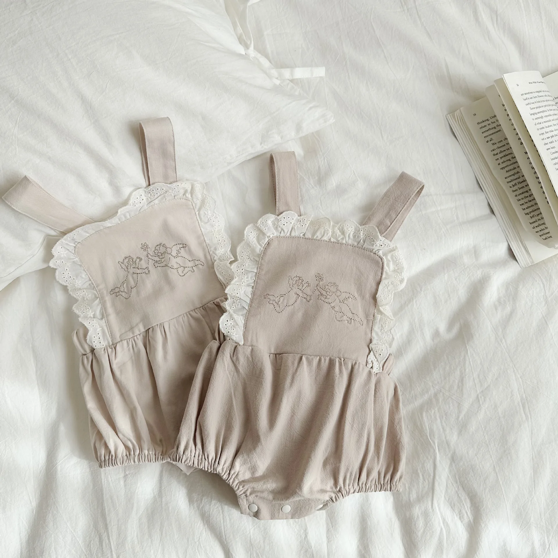 2024 Spring Summer Newborn Infant Embroidery Angel Suspenders Bodysuit Boy Girl Baby Lace Sleeveless Cotton Onesie Kid Clothes