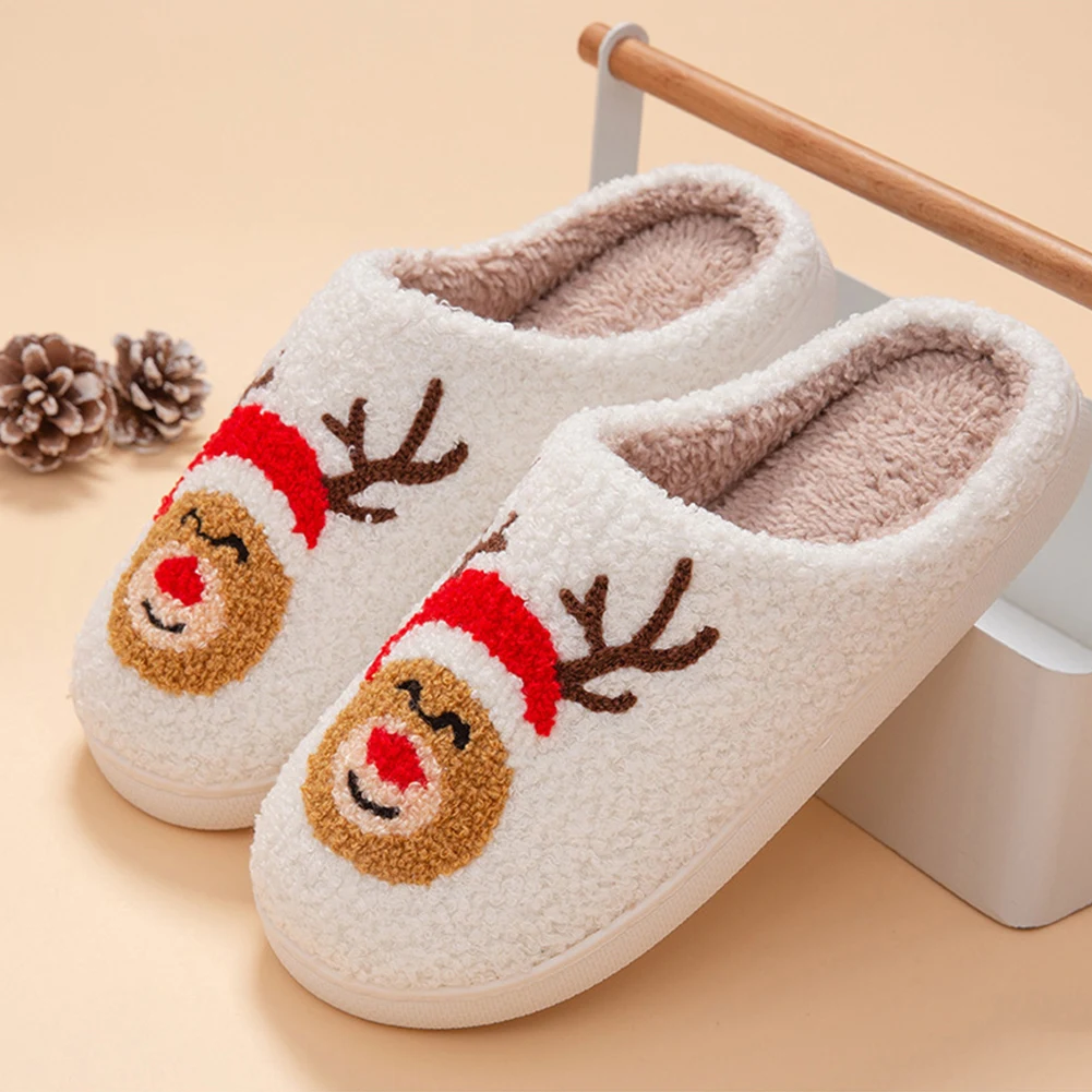 Christmas Elk Plush Slippers Comfortable Warm Slip-on House Shoes Furry Reindeer Slipper Cute Animal Slippers for Indoor Bedroom