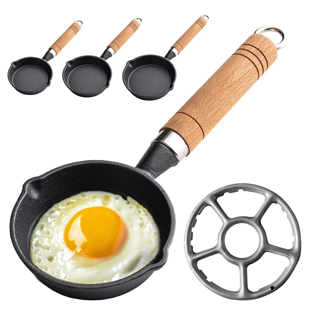 10/13/16 Cm Cast Iron Mini Skillet with Wooden Handle Egg Pan with Double Drip-Spouts Pancake Pan for Indoor and Outdoor Use