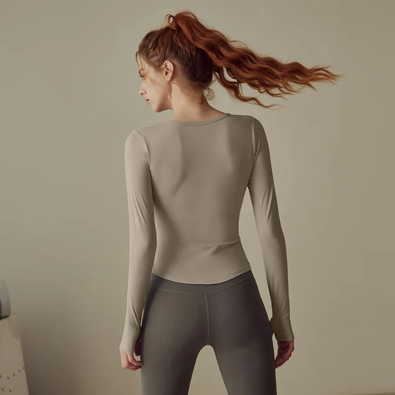 Yoga Clothes with Chest Pads Women's Spring and Autumn Sports Long-sleeved T-shirt Professional Training Fitness Running V-neck