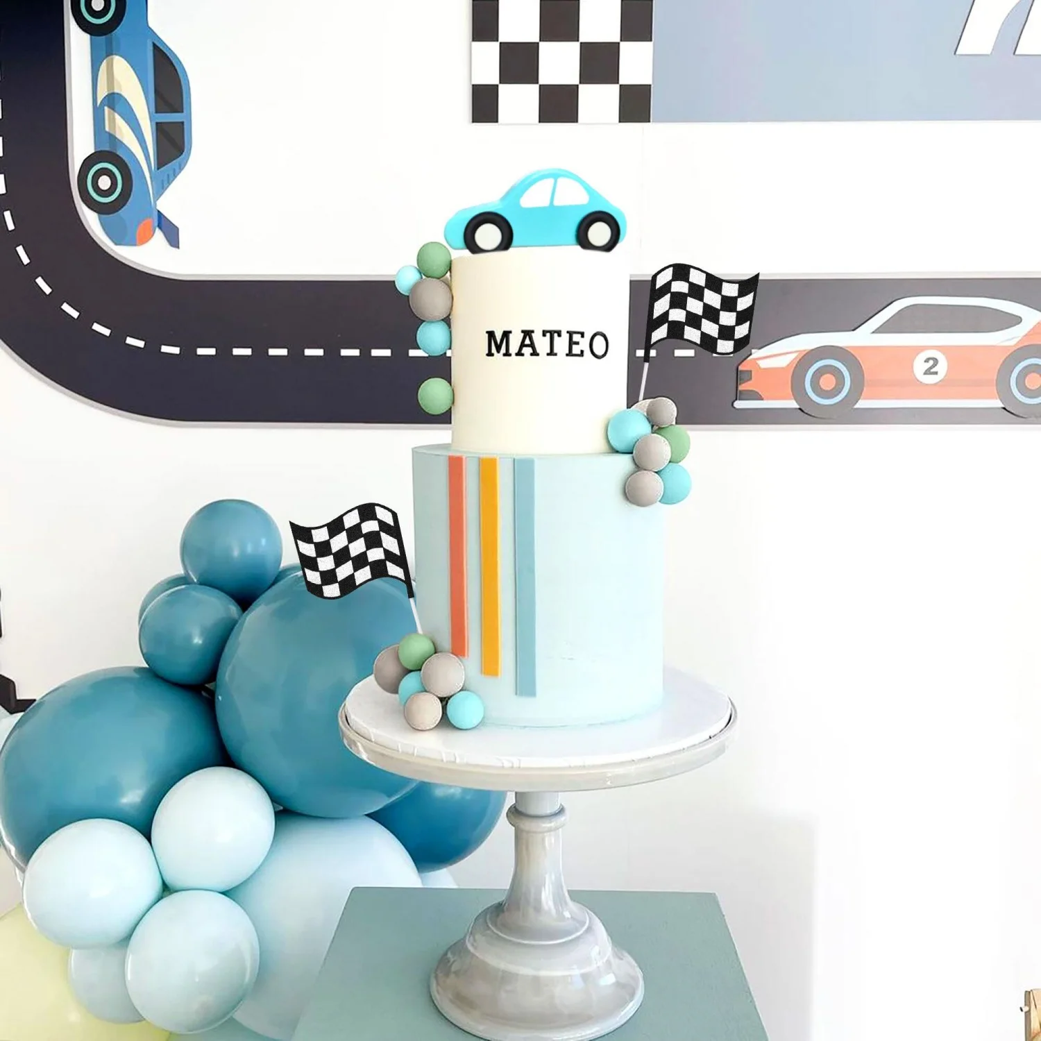LaVenty Two Fast Cake Topper Race Car Cake Car Cake Topper Karierte Flagge Cake Topper Growing Up Two Fast Dekorationen – Detail 1