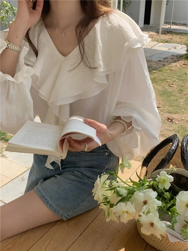 Summer Women Blouse Spring Shirt Female Woman Blouse Maxi Blusas Chiffon Casual Elegant Vintage Long Sleeve Oversize Loose White