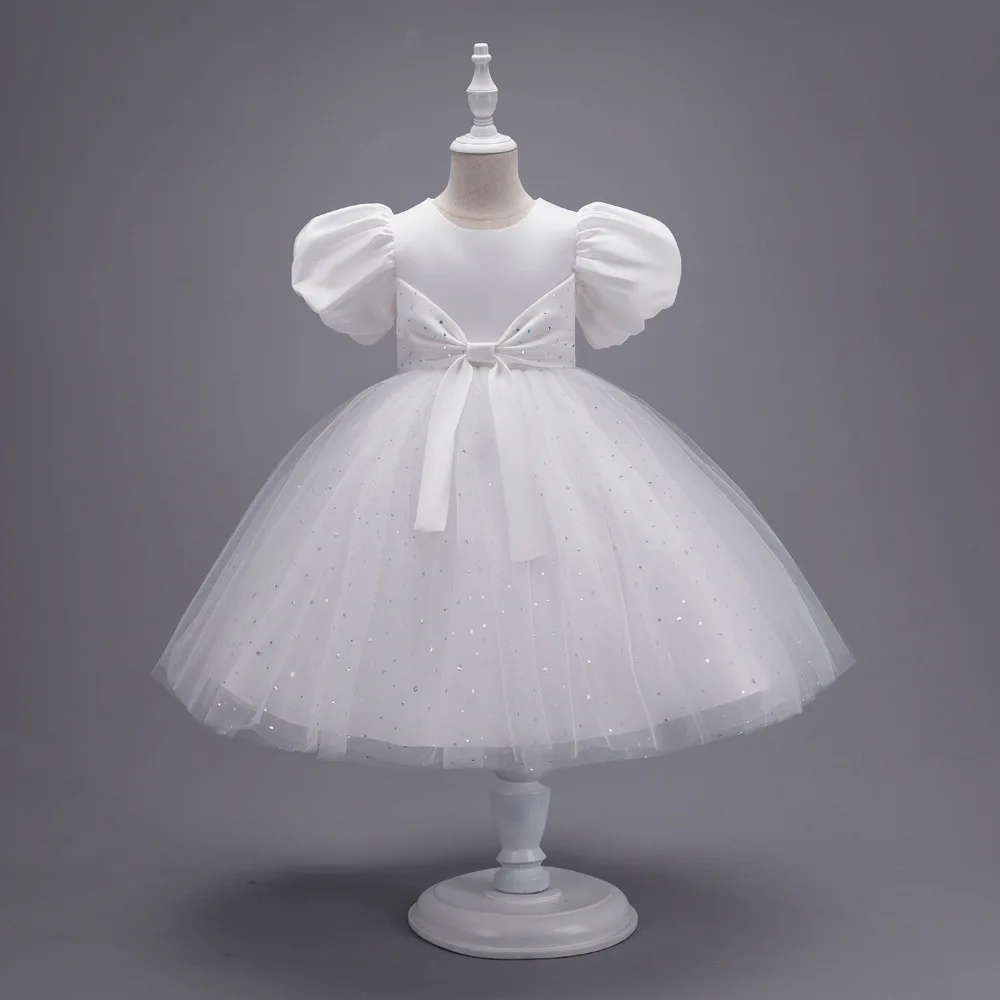 

Kid Elegant Party Outfit Puff Sleeve Sparkle Tulle Ball Gown Dress Back Bow Accent Children Princess Skirt Girl Special Occasion