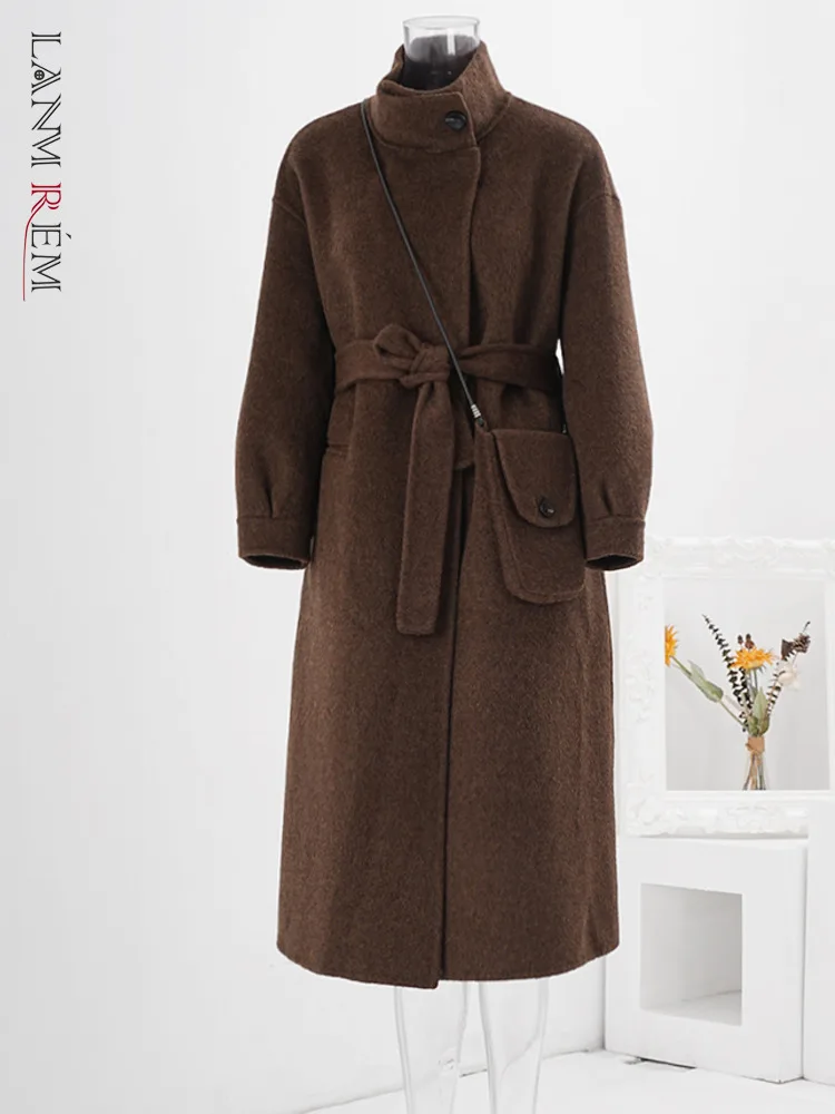 

LANMREM Double Sided Woolen Coat With Bag Womne 2024 Autumn Winter Stand Collar Solid Color Belt Gathered Waist Coats CPG2032