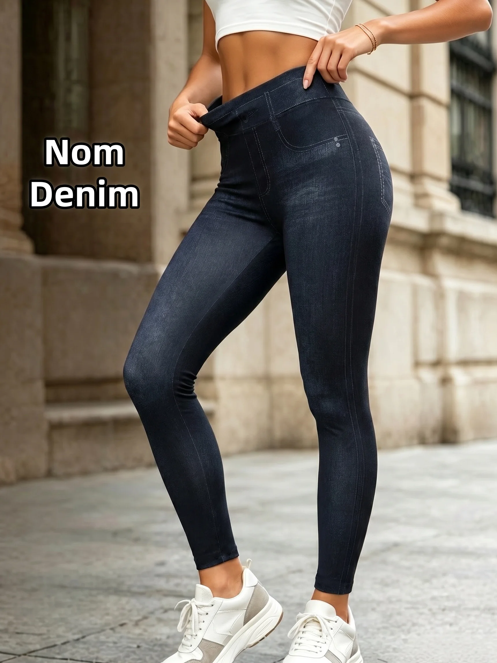 Damen Einfarbige Gewaschene Blaue Faux-Denim Knöchellange Leggings Minimalistische Hochelastische Hosen für Tägliche Freizeitkleidung – Detail 2