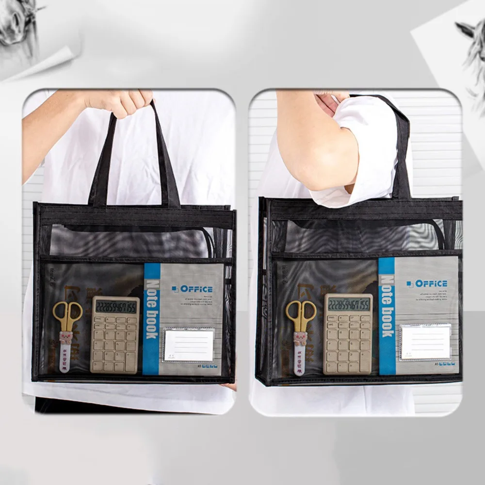 

Commute Students Carry Book Bag Large Capacity Handbag A4 File Bag with Label Card Nylon Netting Tote Bag