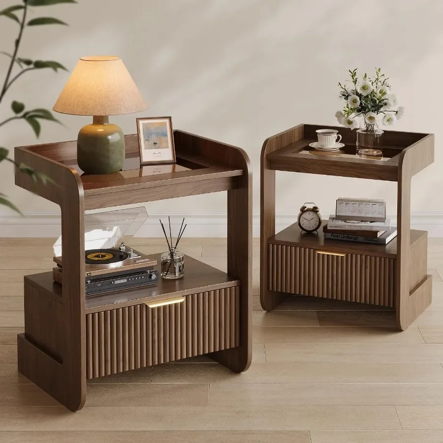 Fluted Nightstands Set of 2, Mid Century Modern Night Stand with Drawer and Open Shelf, Amber Glass Top Wood Bedside End Tables