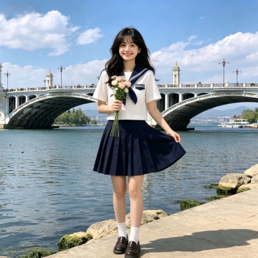 日本海軍風-jk-制服、白の三線セーラースーツ、卒業写真や日常キャンパス衣装に最適な甘いショートスカート