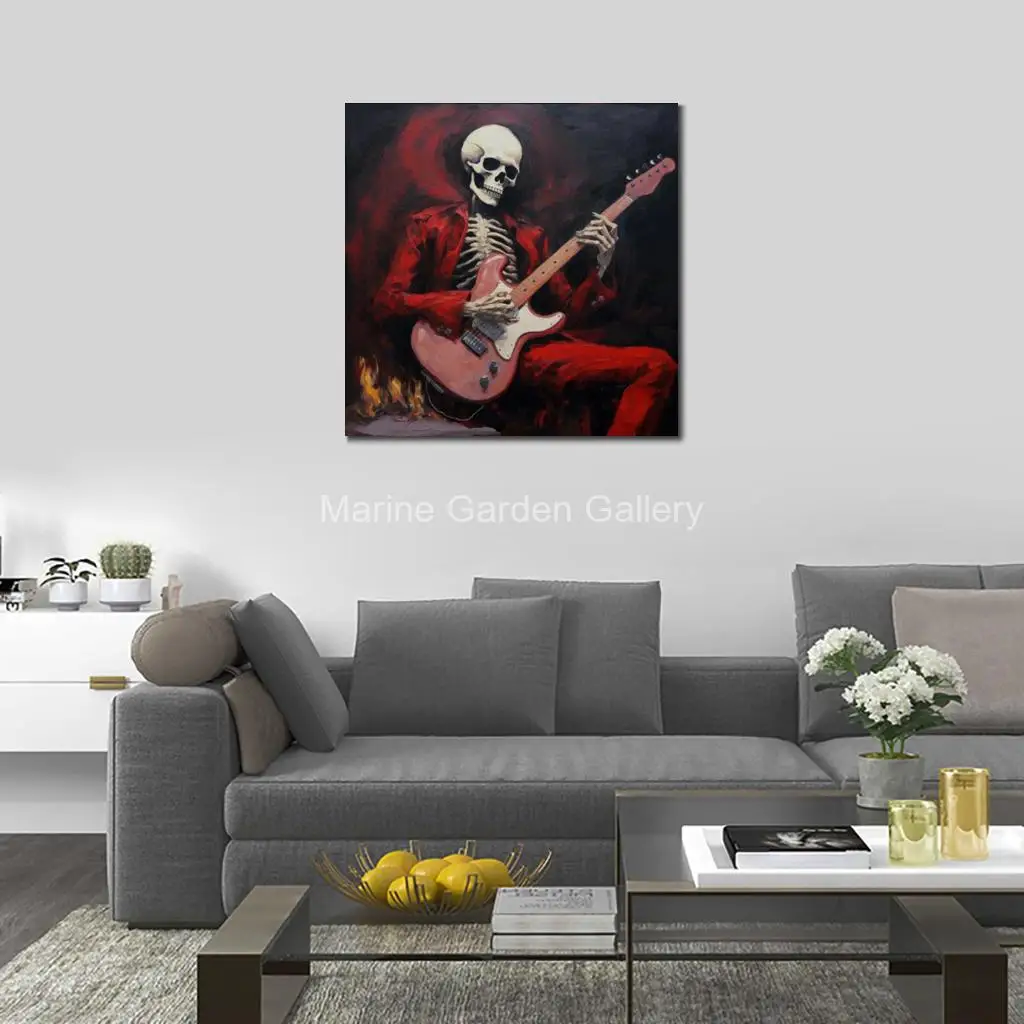 Rock and Roll Skull Guitarist Abstract Oil Painting Hand Painted Music Canvas Art Contemporary Wall Decor for Man Cave Game Room