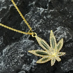 Rhinestone Weed Pendant Necklace Men Maple Leaf Necklaces Gold Color Chains for Boys Male Steampunk Jewelry