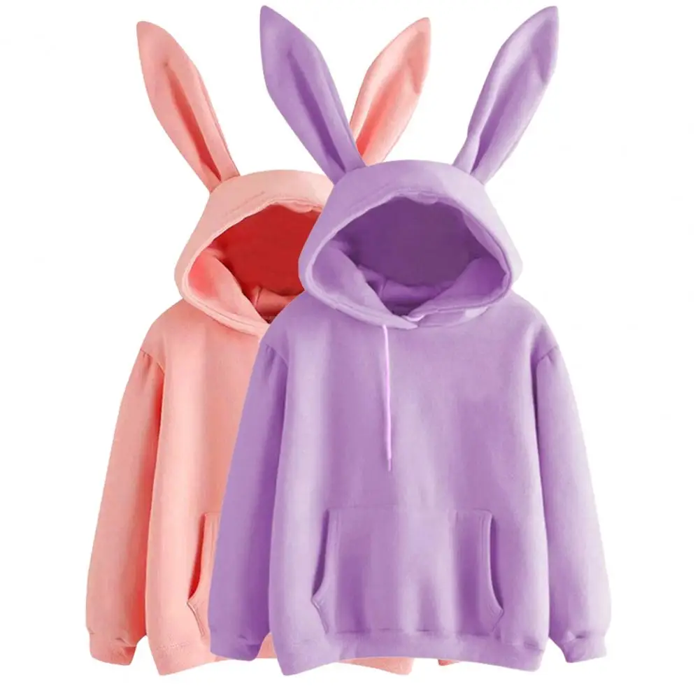 Women Hoodie Cute Long Rabbit Ears Drawstring Hoodie Solid Color Ribbed Cuff Female Sweatshirt For Daily Wear